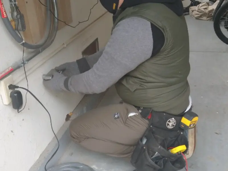 Electrician performing outlet wiring in a Lago Vista garage